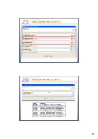 37
APURAÇÃO ICMS: GIA X SPED FISCALAPURAÇÃO ICMS: GIA X SPED FISCAL
Código Descrição
SP009999 Outros débitos para ajuste de apuração ICMS
SP109999 Outros débitos para ajuste de apuração ICMS ST
SP019999 Estorno de créditos para ajuste de apuração ICMS
SP119999 Estorno de créditos para ajuste de apuração ICMS ST
SP029999 Outros créditos para ajuste de apuração ICMS
SP129999 Outros créditos para ajuste de apuração ICMS ST
SP039999 Estorno de débitos para ajuste de apuração ICMS
SP139999 Estorno de débitos para ajuste de apuração ICMS ST
SP049999 Deduções do imposto apurado na apuração ICMS
SP149999 Deduções do imposto apurado na apuração ICMS ST
APURAÇÃO ICMS: GIA X SPED FISCALAPURAÇÃO ICMS: GIA X SPED FISCAL
 