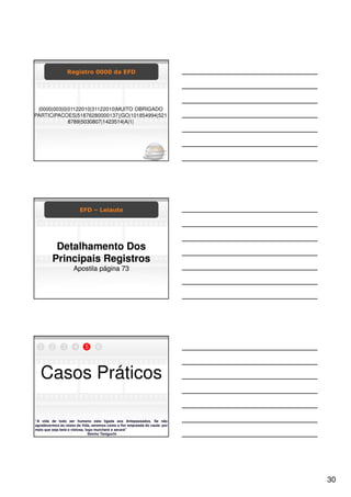 Registro 0000 da EFD




 |0000|003|0|01122010|31122010|MUITO OBRIGADO
PARTICIPACOES|51876280000137||GO|101854994|521
             8789|5030807|1423514|A|1|




                         EFD – Leiaute




          Detalhamento Dos
         Principais Registros
                     Apostila página 73




  1     2      3     4     5      6




   Casos Práticos

“A vida de todo ser humano esta ligada aos Antepassados. Se não
agradecermos às raízes da Vida, seremos como a flor amputada do caule: por
mais que seja bela e vistosa, logo murchará e secará”
                                Seicho Taniguchi




                                                                             30
 