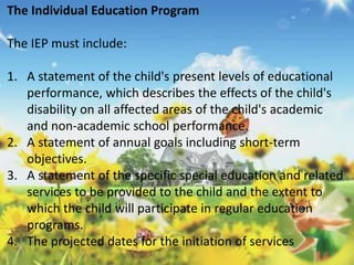 The Individual Education Program 
The IEP must include: 
1. A statement of the child's present levels of educational 
performance, which describes the effects of the child's 
disability on all affected areas of the child's academic 
and non-academic school performance. 
2. A statement of annual goals including short-term 
objectives. 
3. A statement of the specific special education and related 
services to be provided to the child and the extent to 
which the child will participate in regular education 
programs. 
4. The projected dates for the initiation of services 
 