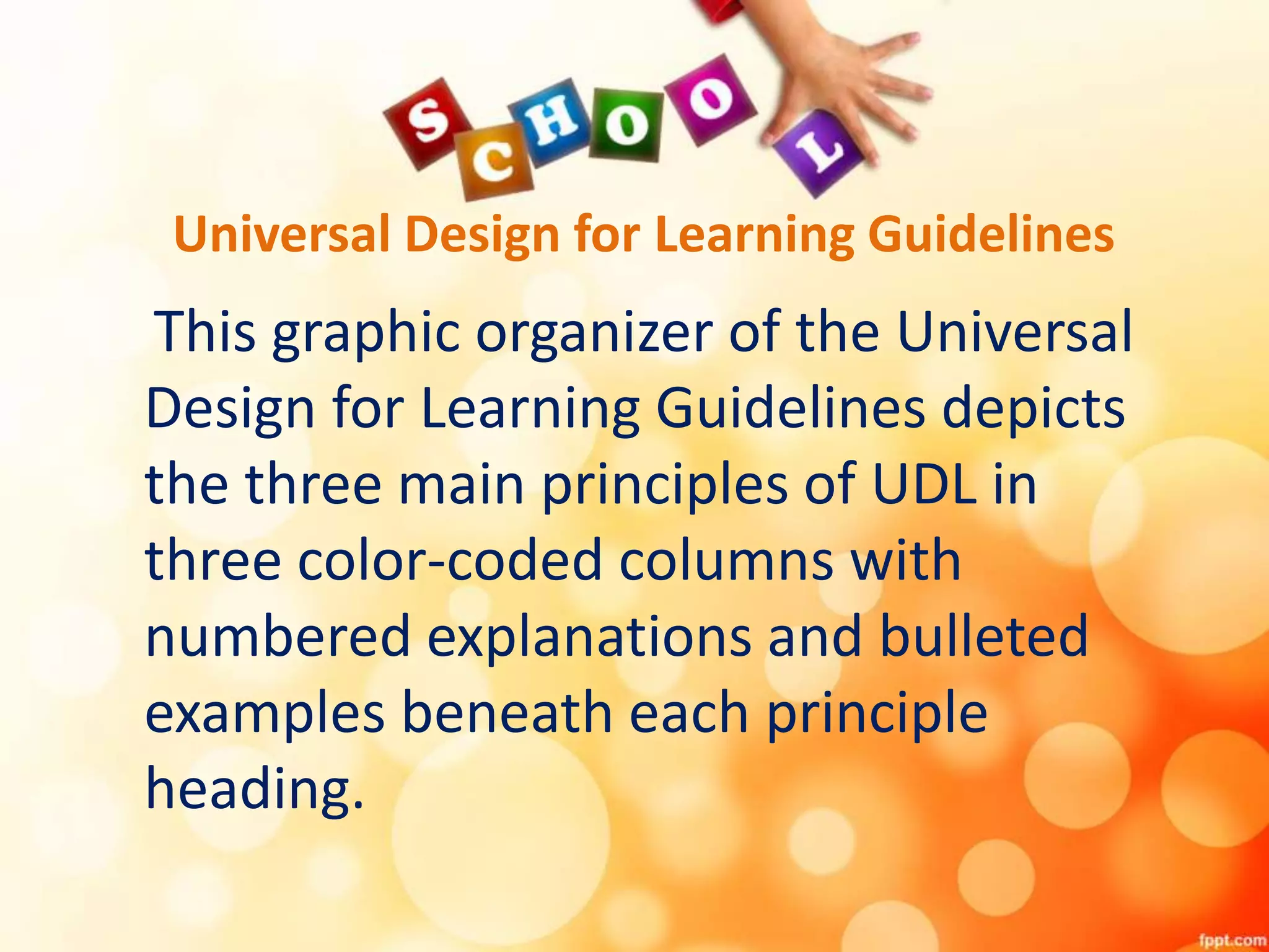 Universal Design for Learning Guidelines
This graphic organizer of the Universal
Design for Learning Guidelines depicts
the three main principles of UDL in
three color-coded columns with
numbered explanations and bulleted
examples beneath each principle
heading.
 