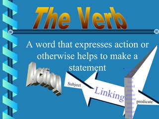 A word that expresses action or
  otherwise helps to make a
          statement          “be” verbs
                                   &
                                 taste
           Sb j
          Suubeect                feel
             j ct
                     Liinki
                                sound
                     L nkin      look

                            ng
                             g
                               appear
                              become predicate
                                seem predicate
                                grow
                               remain
                                 stay
 
