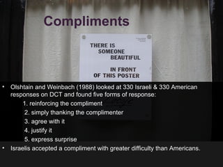 Compliments



•   Olshtain and Weinbach (1988) looked at 330 Israeli & 330 American
    responses on DCT and found five forms of response:
         1. reinforcing the compliment
          2. simply thanking the complimenter
          3. agree with it
          4. justify it
          5. express surprise
•   Israelis accepted a compliment with greater difficulty than Americans.
 