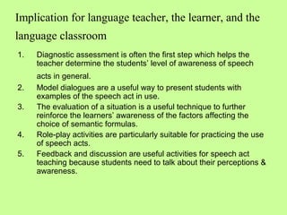 Implication for language teacher, the learner, and the
language classroom
1.   Diagnostic assessment is often the first step which helps the
     teacher determine the students’ level of awareness of speech
     acts in general.
2.   Model dialogues are a useful way to present students with
     examples of the speech act in use.
3.   The evaluation of a situation is a useful technique to further
     reinforce the learners’ awareness of the factors affecting the
     choice of semantic formulas.
4.   Role-play activities are particularly suitable for practicing the use
     of speech acts.
5.   Feedback and discussion are useful activities for speech act
     teaching because students need to talk about their perceptions &
     awareness.
 