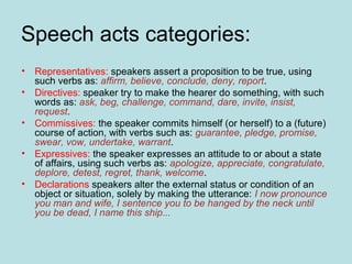 Speech acts categories:
•   Representatives: speakers assert a proposition to be true, using
    such verbs as: affirm, believe, conclude, deny, report.
•   Directives: speaker try to make the hearer do something, with such
    words as: ask, beg, challenge, command, dare, invite, insist,
    request.
•   Commissives: the speaker commits himself (or herself) to a (future)
    course of action, with verbs such as: guarantee, pledge, promise,
    swear, vow, undertake, warrant.
•   Expressives: the speaker expresses an attitude to or about a state
    of affairs, using such verbs as: apologize, appreciate, congratulate,
    deplore, detest, regret, thank, welcome.
•   Declarations speakers alter the external status or condition of an
    object or situation, solely by making the utterance: I now pronounce
    you man and wife, I sentence you to be hanged by the neck until
    you be dead, I name this ship...
 