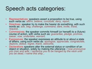 Speech acts categories:  <ul><li>Representatives:  speakers assert a proposition to be true, using such verbs as:  affirm,...