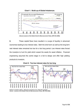 Chart 1: Build up of Global Imbalances




                  (Source:Lessons of the Global Crisis for Macroeconomic Policy- IMF (Feb 2009))




8.                These capital flows have resulted in a surge of liquidity in advanced

economies leading to low interest rates. Both the short term as well as the long term

real interest rates remained too low for a too long period. Low interest rates forced

the investors to hunt for yield which sowed the seeds for asset inflation. Financial

engineering assumed the centre stage in a bid to design and offer high yielding

products to investors.

                          Chart 2: Too low interest rates for too long




Relative to headline inflation. Measured as deviations from 1990-2007 averages
Source: Lessons of the Global Crisis for Macroeconomic Policy- IMF (Feb 2009))




                                                                                                   Page 4 of 28 
 
 