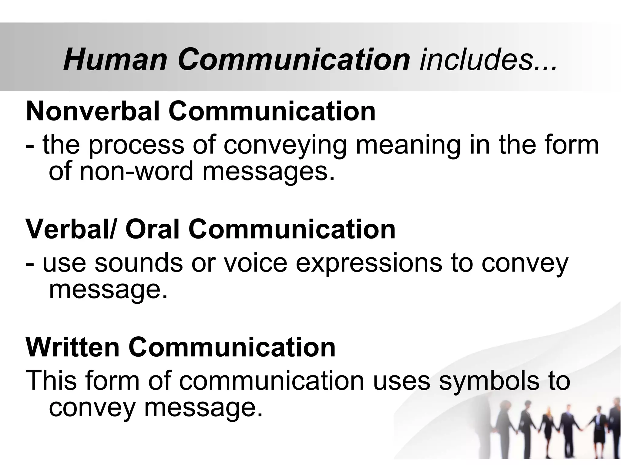 Human Communication includes...
Nonverbal Communication
- the process of conveying meaning in the form
of non-word messages.
Verbal/ Oral Communication
- use sounds or voice expressions to convey
message.
Written Communication
This form of communication uses symbols to
convey message.
 