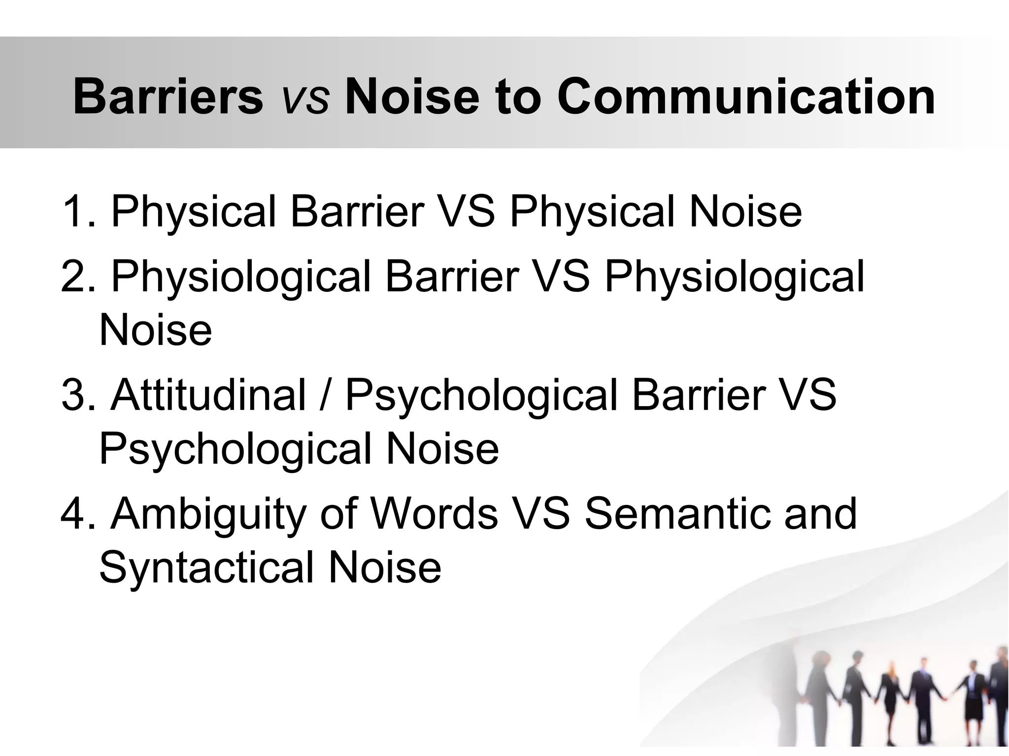 Barriers vs Noise to Communication
1. Physical Barrier VS Physical Noise
2. Physiological Barrier VS Physiological
Noise
3. Attitudinal / Psychological Barrier VS
Psychological Noise
4. Ambiguity of Words VS Semantic and
Syntactical Noise
 