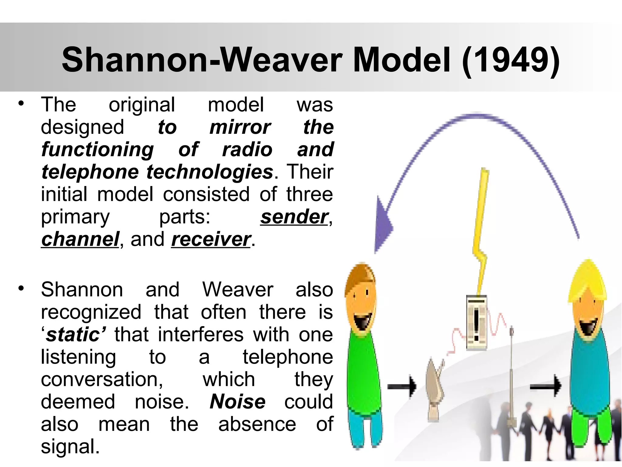 Shannon-Weaver Model (1949)
• The original model was
designed to mirror the
functioning of radio and
telephone technologies. Their
initial model consisted of three
primary parts: sender,
channel, and receiver.
• Shannon and Weaver also
recognized that often there is
‘static’ that interferes with one
listening to a telephone
conversation, which they
deemed noise. Noise could
also mean the absence of
signal.
 