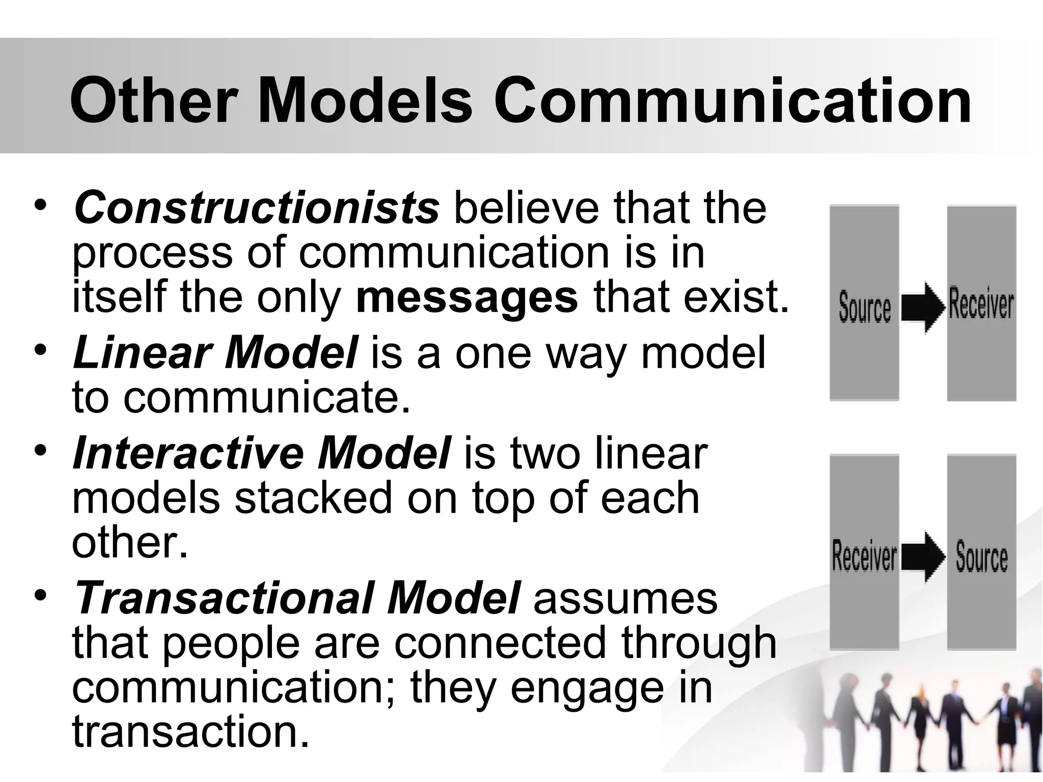 Other Models Communication
• Constructionists believe that the
process of communication is in
itself the only messages that exist.
• Linear Model is a one way model
to communicate.
• Interactive Model is two linear
models stacked on top of each
other.
• Transactional Model assumes
that people are connected through
communication; they engage in
transaction.
 