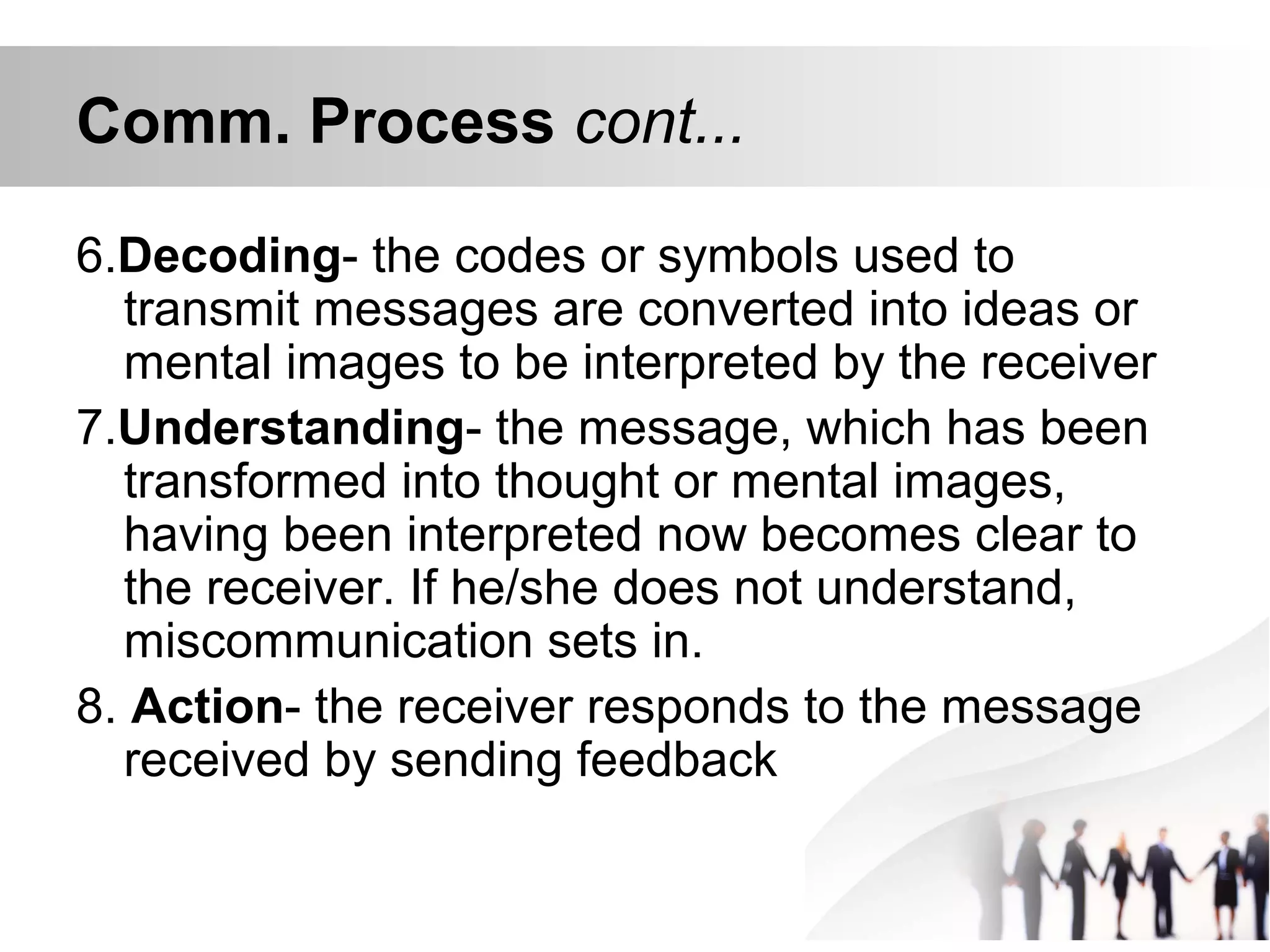 Comm. Process cont...
6.Decoding- the codes or symbols used to
transmit messages are converted into ideas or
mental images to be interpreted by the receiver
7.Understanding- the message, which has been
transformed into thought or mental images,
having been interpreted now becomes clear to
the receiver. If he/she does not understand,
miscommunication sets in.
8. Action- the receiver responds to the message
received by sending feedback
 