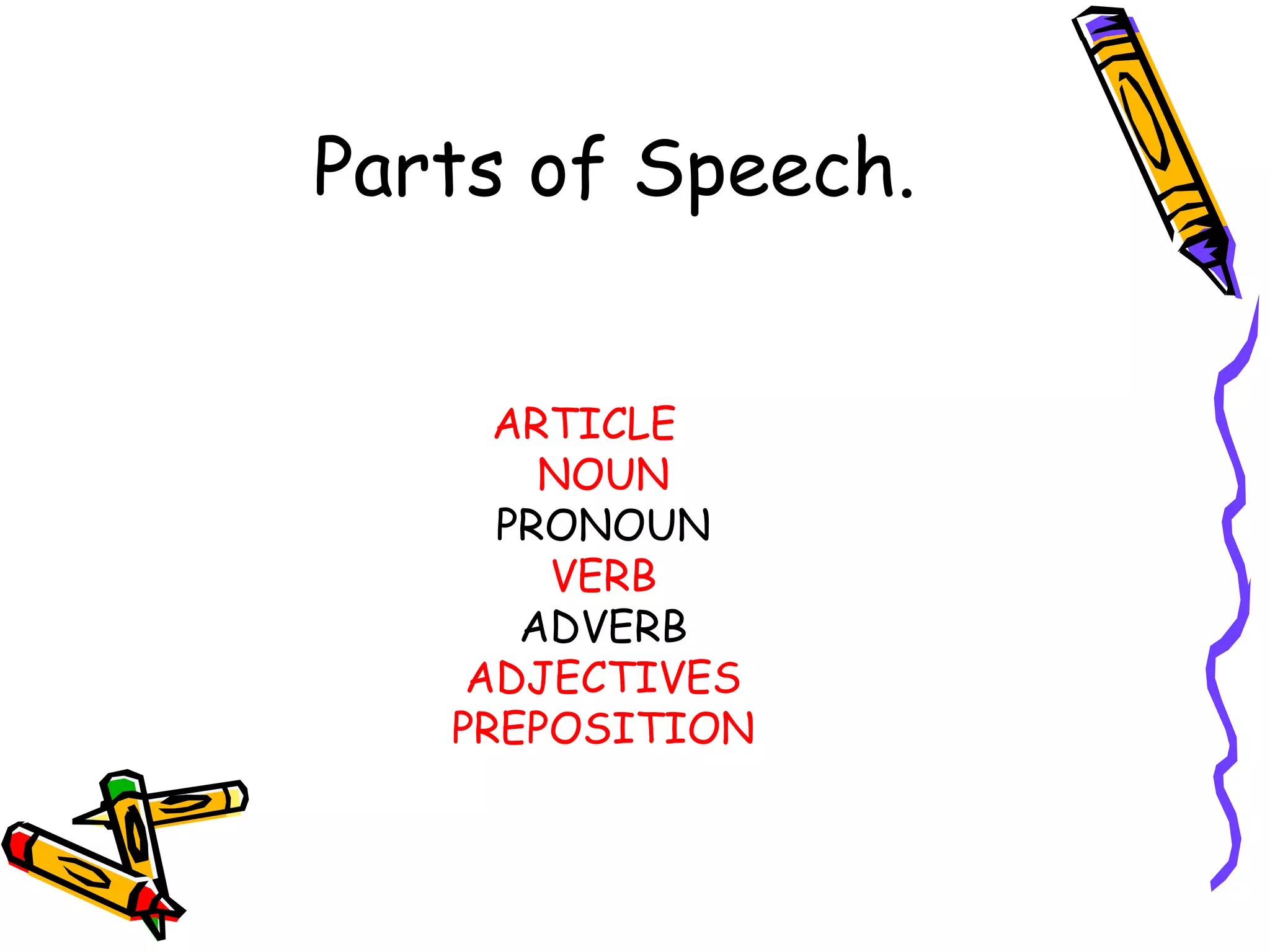 Parts of Speech.
ARTICLE
NOUN
PRONOUN
VERB
ADVERB
ADJECTIVES
PREPOSITION