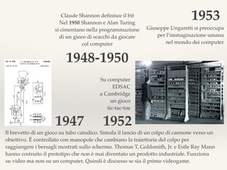 1947
Il brevetto di un gioco su tubo catodico. Simula il lancio di un colpo di cannone verso un
obiettivo. È controllato con manopole che cambiano la traiettoria del colpo per
raggiungere i bersagli mostrati sullo schermo. Thomas T. Goldsmith, Jr. e Estle Ray Mann
hanno costruito il prototipo che non è mai diventato un prodotto industriale. Funziona
su video ma non su un computer. Quindi è discusso se sia il primo videogame.
1948-1950
Claude Shannon deﬁnisce il bit
Nel 1950 Shannon e Alan Turing
si cimentano nella programmazione
di un gioco di scacchi da giocare
col computer
1953
Giuseppe Ungaretti si preoccupa
per l’immaginazione umana
nel mondo dei computer
1952
Su computer
EDSAC
a Cambridge
un gioco
tic-tac-toe
 
