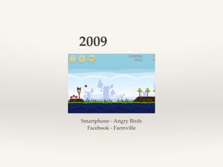Smartphone - Angry Birds
Facebook - Farmville
2009
 
