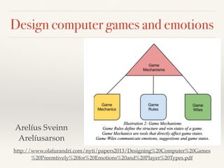 Design computer games and emotions
Arelíus Sveinn
Arelíusarson
http://www.olafurandri.com/nyti/papers2013/Designing%20Computer%20Games
%20Preemtively%20for%20Emotions%20and%20Player%20Types.pdf
 