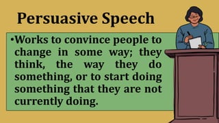 Persuasive Speech
•Works to convince people to
change in some way; they
think, the way they do
something, or to start doing
something that they are not
currently doing.
 
