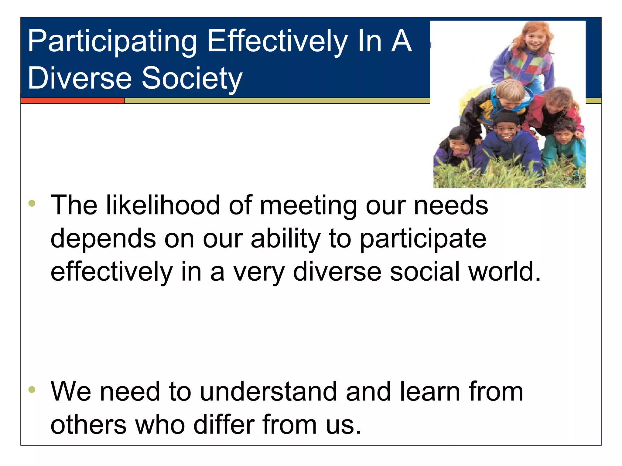 Participating Effectively In A
Diverse Society
• The likelihood of meeting our needs
depends on our ability to participate
effectively in a very diverse social world.
• We need to understand and learn from
others who differ from us.
 