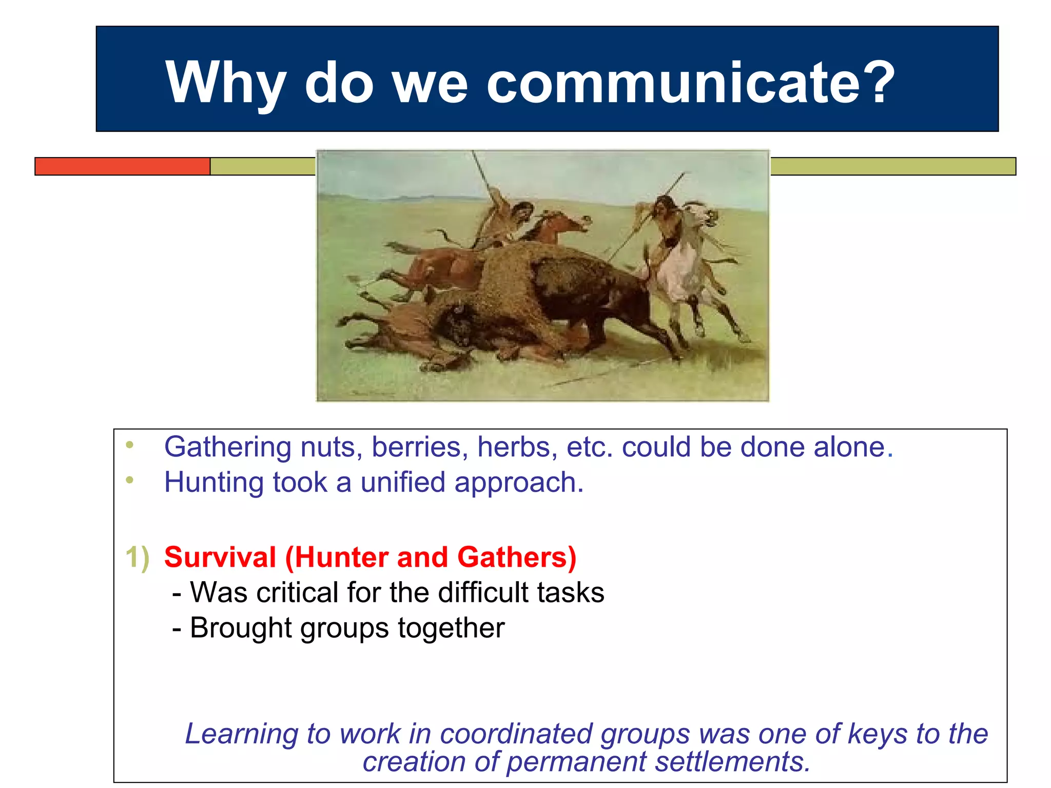 Why do we communicate?
• Gathering nuts, berries, herbs, etc. could be done alone.
• Hunting took a unified approach.
1) Survival (Hunter and Gathers)
- Was critical for the difficult tasks
- Brought groups together
Learning to work in coordinated groups was one of keys to the
creation of permanent settlements.
 