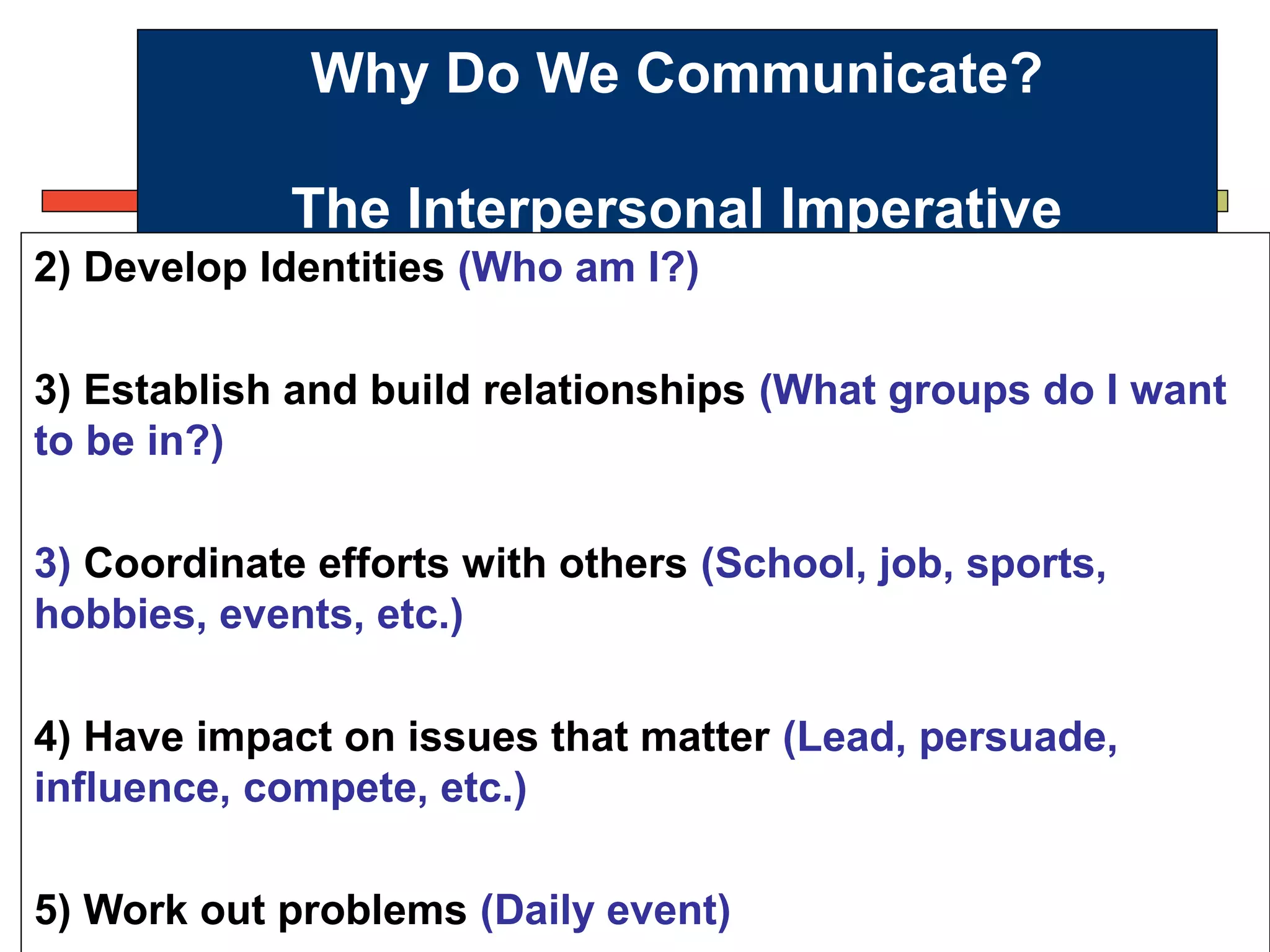 Why Do We Communicate?
The Interpersonal Imperative
2) Develop Identities (Who am I?)
3) Establish and build relationships (What groups do I want
to be in?)
3) Coordinate efforts with others (School, job, sports,
hobbies, events, etc.)
4) Have impact on issues that matter (Lead, persuade,
influence, compete, etc.)
5) Work out problems (Daily event)
 