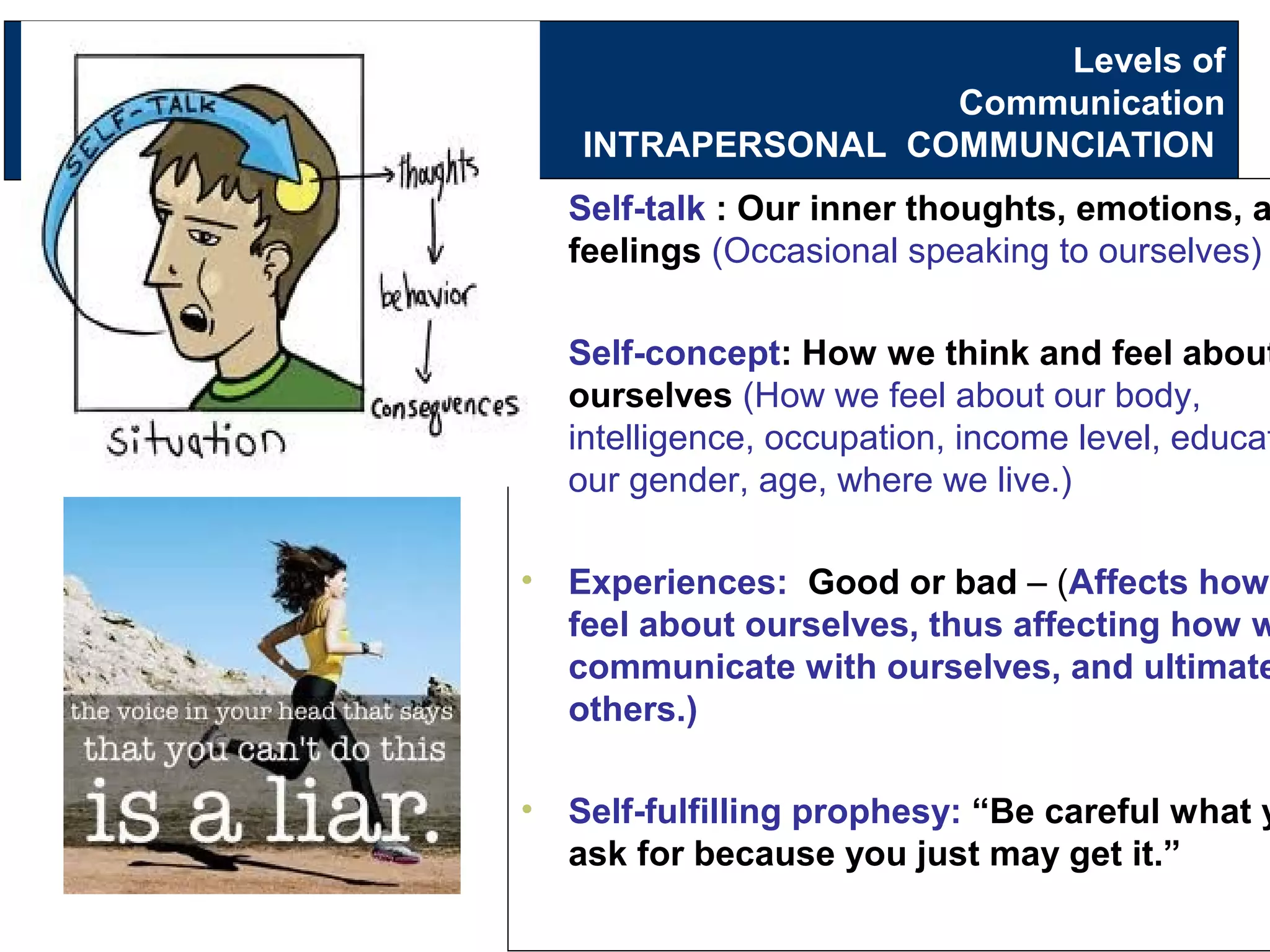 Levels of
Communication
INTRAPERSONAL COMMUNCIATION
• Self-talk : Our inner thoughts, emotions, a
feelings (Occasional speaking to ourselves)
• Self-concept: How we think and feel about
ourselves (How we feel about our body,
intelligence, occupation, income level, educat
our gender, age, where we live.)
• Experiences: Good or bad – (Affects how
feel about ourselves, thus affecting how w
communicate with ourselves, and ultimate
others.)
• Self-fulfilling prophesy: “Be careful what y
ask for because you just may get it.”
 