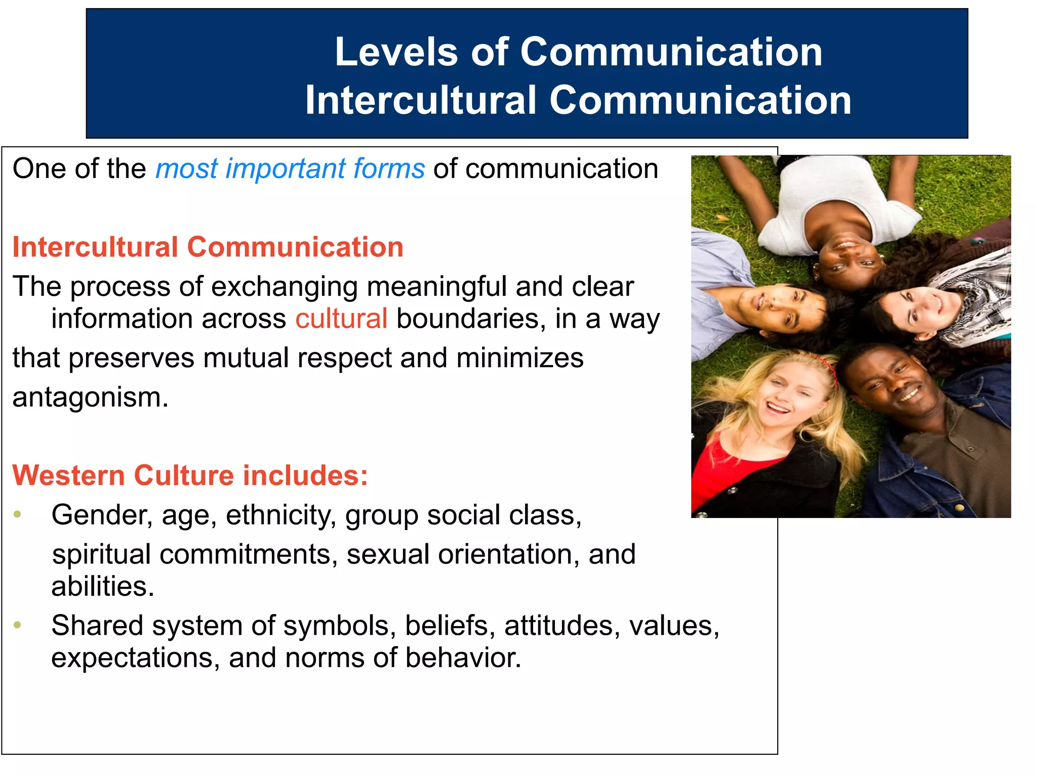 One of the most important forms of communication
Intercultural Communication
The process of exchanging meaningful and clear
information across cultural boundaries, in a way
that preserves mutual respect and minimizes
antagonism.
Western Culture includes:
• Gender, age, ethnicity, group social class,
spiritual commitments, sexual orientation, and
abilities.
• Shared system of symbols, beliefs, attitudes, values,
expectations, and norms of behavior.
Levels of Communication
Intercultural Communication
 
