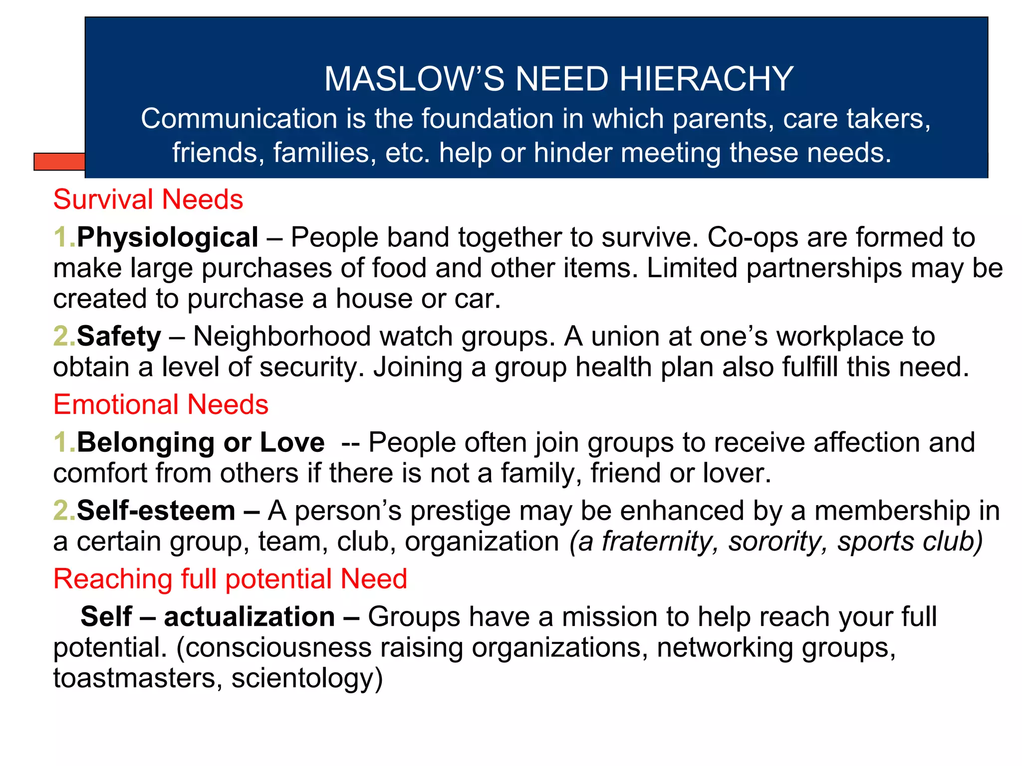 MASLOW’S NEED HIERACHY
Communication is the foundation in which parents, care takers,
friends, families, etc. help or hinder meeting these needs.
Survival Needs
1.Physiological – People band together to survive. Co-ops are formed to
make large purchases of food and other items. Limited partnerships may be
created to purchase a house or car.
2.Safety – Neighborhood watch groups. A union at one’s workplace to
obtain a level of security. Joining a group health plan also fulfill this need.
Emotional Needs
1.Belonging or Love -- People often join groups to receive affection and
comfort from others if there is not a family, friend or lover.
2.Self-esteem – A person’s prestige may be enhanced by a membership in
a certain group, team, club, organization (a fraternity, sorority, sports club)
Reaching full potential Need
Self – actualization – Groups have a mission to help reach your full
potential. (consciousness raising organizations, networking groups,
toastmasters, scientology)
 