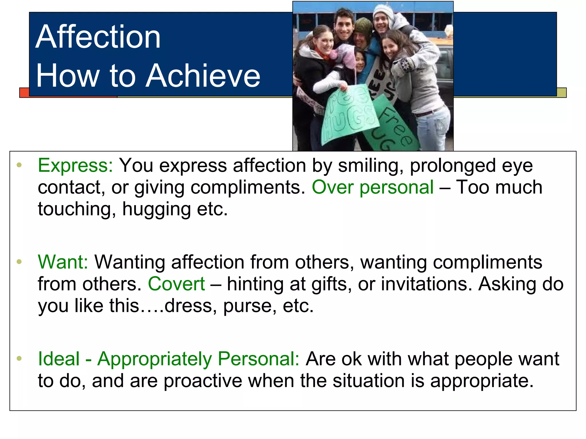 Affection
How to Achieve
• Express: You express affection by smiling, prolonged eye
contact, or giving compliments. Over personal – Too much
touching, hugging etc.
• Want: Wanting affection from others, wanting compliments
from others. Covert – hinting at gifts, or invitations. Asking do
you like this….dress, purse, etc.
• Ideal - Appropriately Personal: Are ok with what people want
to do, and are proactive when the situation is appropriate.
 