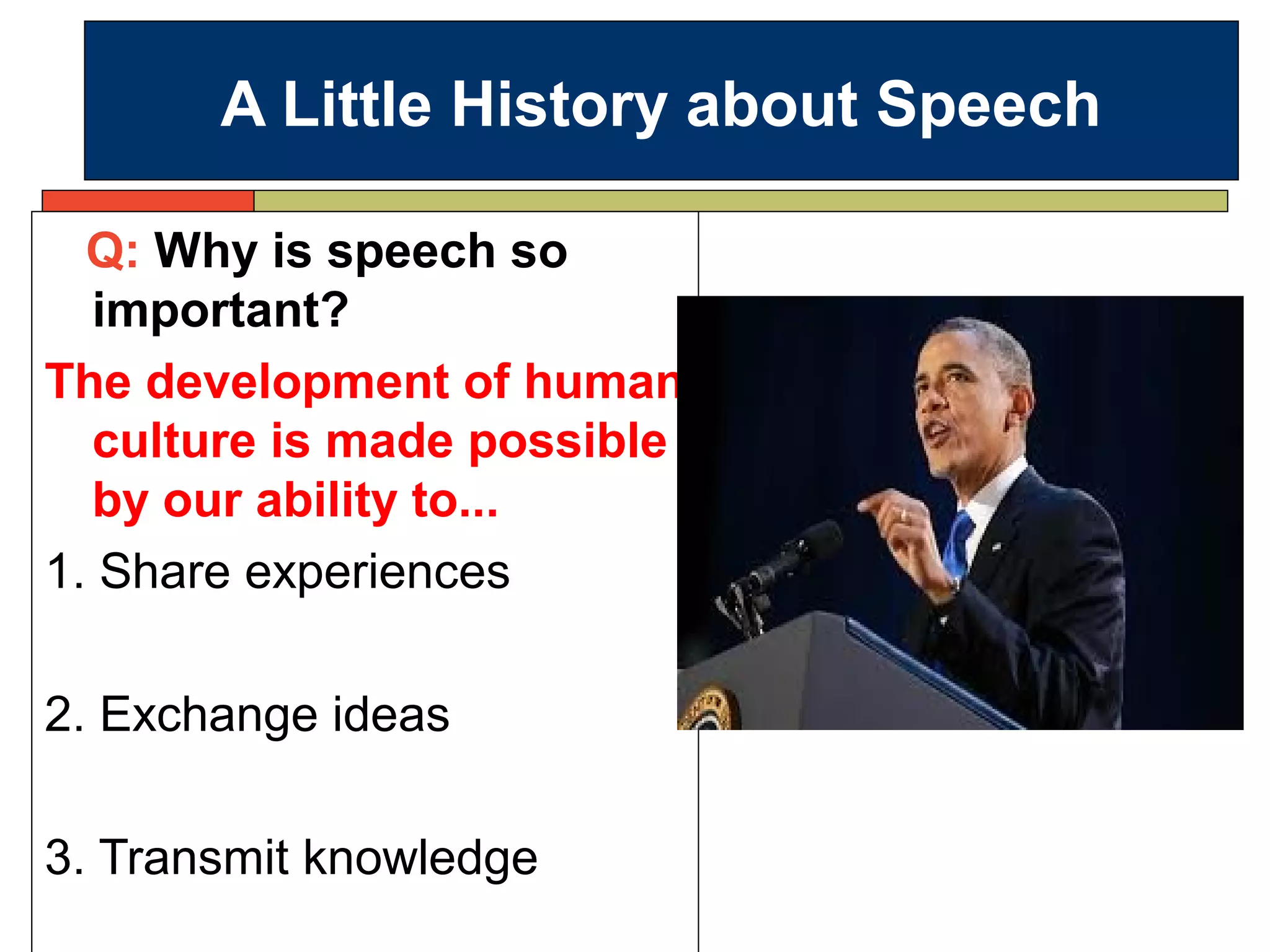 A Little History about Speech
Q: Why is speech so
important?
The development of human
culture is made possible
by our ability to...
1. Share experiences
2. Exchange ideas
3. Transmit knowledge
 