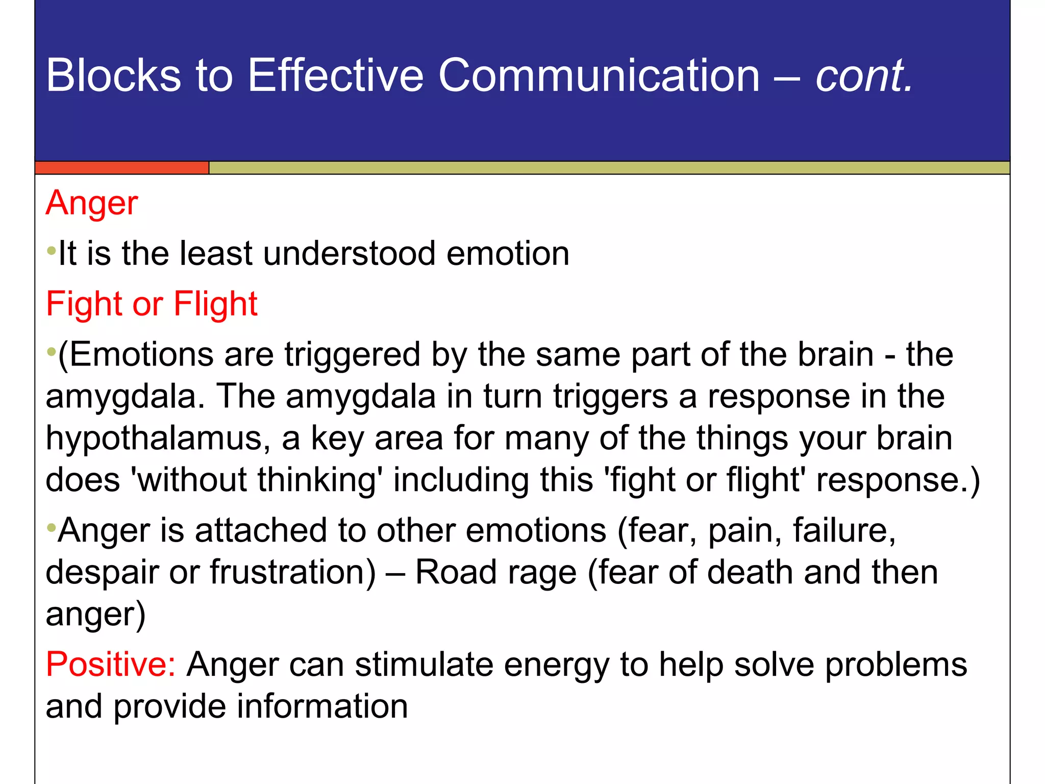 Blocks to Effective Communication – cont.
Anger
•It is the least understood emotion
Fight or Flight
•(Emotions are triggered by the same part of the brain - the
amygdala. The amygdala in turn triggers a response in the
hypothalamus, a key area for many of the things your brain
does 'without thinking' including this 'fight or flight' response.)
•Anger is attached to other emotions (fear, pain, failure,
despair or frustration) – Road rage (fear of death and then
anger)
Positive: Anger can stimulate energy to help solve problems
and provide information
 