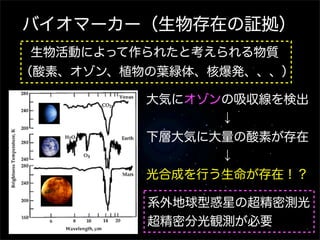 バイオマーカー（生物存在の証拠）
生物活動によって作られたと考えられる物質
（酸素、オゾン、植物の葉緑体、核爆発、、、）

          大気にオゾンの吸収線を検出
                ↓
          下層大気に大量の酸素が存在
                ↓
          光合成を行う生命が存在！？

          系外地球型惑星の超精密測光
          超精密分光観測が必要
 