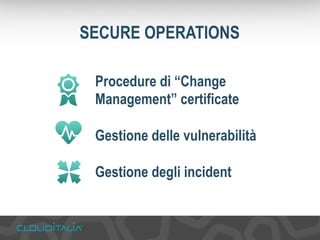 SECURE OPERATIONS 
Procedure di “Change 
Management” certificate 
Gestione delle vulnerabilità 
Gestione degli incident 
 
