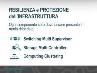 RESILIENZA e PROTEZIONE 
dell’INFRASTRUTTURA 
Ogni componente core deve essere presente in 
modo ridondato 
Switching Multi Supervisor 
Storage Multi-Controller 
Computing Clustering 
 