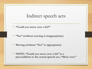 Indirect speech acts
• “Could you move over a bit?”
• “Yes” (without moving is inappropriate)
• Moving (without “Yes” is appropriate)
• NOTE: “Could you move over a bit” is a
precondition to the actual speech act, “Move over.”
 