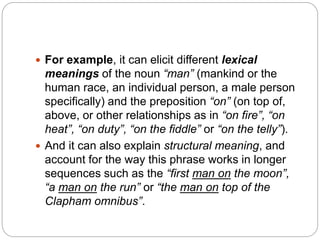  For example, it can elicit different lexical
meanings of the noun “man” (mankind or the
human race, an individual person, a male person
specifically) and the preposition “on” (on top of,
above, or other relationships as in “on fire”, “on
heat”, “on duty”, “on the fiddle” or “on the telly”).
 And it can also explain structural meaning, and
account for the way this phrase works in longer
sequences such as the “first man on the moon”,
“a man on the run” or “the man on top of the
Clapham omnibus”.
 