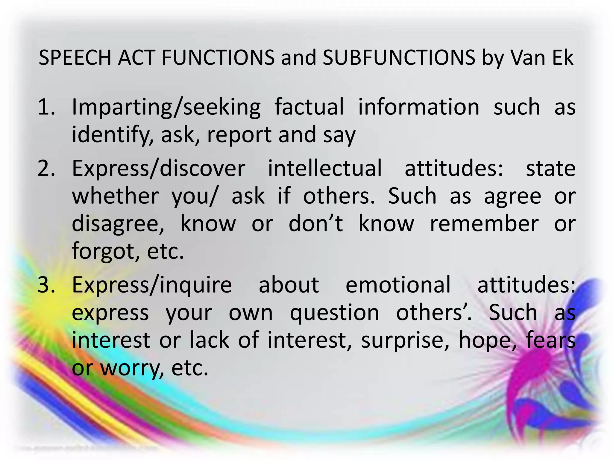 SPEECH ACT FUNCTIONS and SUBFUNCTIONS by Van Ek
1. Imparting/seeking factual information such as
identify, ask, report and say
2. Express/discover intellectual attitudes: state
whether you/ ask if others. Such as agree or
disagree, know or don’t know remember or
forgot, etc.
3. Express/inquire about emotional attitudes:
express your own question others’. Such as
interest or lack of interest, surprise, hope, fears
or worry, etc.
 