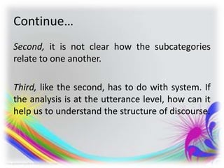 Continue…
Second, it is not clear how the subcategories
relate to one another.
Third, like the second, has to do with system. If
the analysis is at the utterance level, how can it
help us to understand the structure of discourse.
 