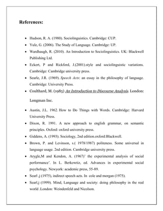 References:
 Hudson, R. A. (1980). Sociolinguistics. Cambridge: CUP.
 Yule, G. (2006). The Study of Language. Cambridge: UP.
 Wardhaugh, R. (2010). An Introduction to Sociolinguistics. UK: Blackwell
Publishing Ltd.
 Eckert, P and Rickford, J.(2001).style and sociolinguistic variations.
Cambridge: Cambridge university press.
 Searle, J.R. (1969). Speech Acts: an essay in the philosophy of language.
Cambridge: University Press.
 Coulthard, M. (1985) An Introduction to Discourse Analysis. London:
Longman Inc.
 Austin, J.L. 1962. How to Do Things with Words. Cambridge: Harvard
University Press.
 Dixon, R. 1991. A new approach to english grammar, on semantic
principles. Oxford: oxford university press.
 Giddens, A. (1993). Sociology, 2nd edition.oxford:Blackwell.
 Brown, P. and Levinson, s.( 1978/1987) politeness. Some universal in
language usage. 2nd edition. Cambridge university press.
 Arygle,M and Kendon, A. (1967)’ the experimental analysis of social
performance’. In L. Berkowtiz, ed. Advances in experimental social
psychology. Newyork: academic press, 55-89.
 Searl ,j (1975), indirect speech acts. In cole and morgan (1975).
 Searl,j (1999). Mind, Language and society: doing philosophy in the real
world .London: Weindenfeld and Nicolson.
 