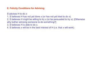 E. Felicity Conditions for Advising
S advises H to do x:
1. S believes H has not yet done x (or has not yet tried to do x).
2. S believes H might be willing to try x (or be persuaded to try x). [Otherwise
why bother advising someone to do something?]
3. S believes H is able to do x.
4. S believes x will be in the best interest of H (i.e. that x will work).
 