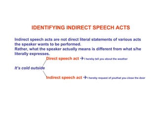 IDENTIFYING INDIRECT SPEECH ACTS
Indirect speech acts are not direct literal statements of various acts
the speaker wants to be performed.
Rather, what the speaker actually means is different from what s/he
literally expresses.
Direct speech act I hereby tell you about the weather
It’s cold outside
Indirect speech act I hereby request of youthat you close the door
 