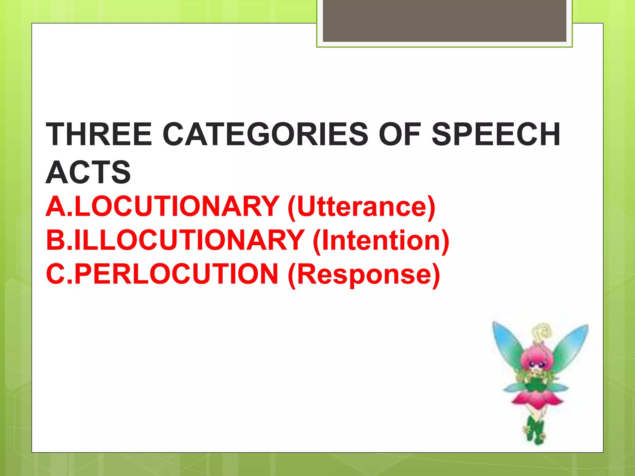 THREE CATEGORIES OF SPEECH
ACTS
A.LOCUTIONARY (Utterance)
B.ILLOCUTIONARY (Intention)
C.PERLOCUTION (Response)
 