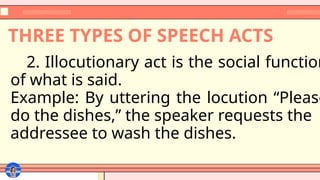 THREE TYPES OF SPEECH ACTS
2. Illocutionary act is the social function
of what is said.
Example: By uttering the locution “Please
do the dishes,” the speaker requests the
addressee to wash the dishes.
 