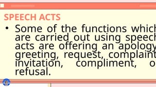 SPEECH ACTS
• Some of the functions which
are carried out using speech
acts are offering an apology
greeting, request, complaint
invitation, compliment, or
refusal.
 