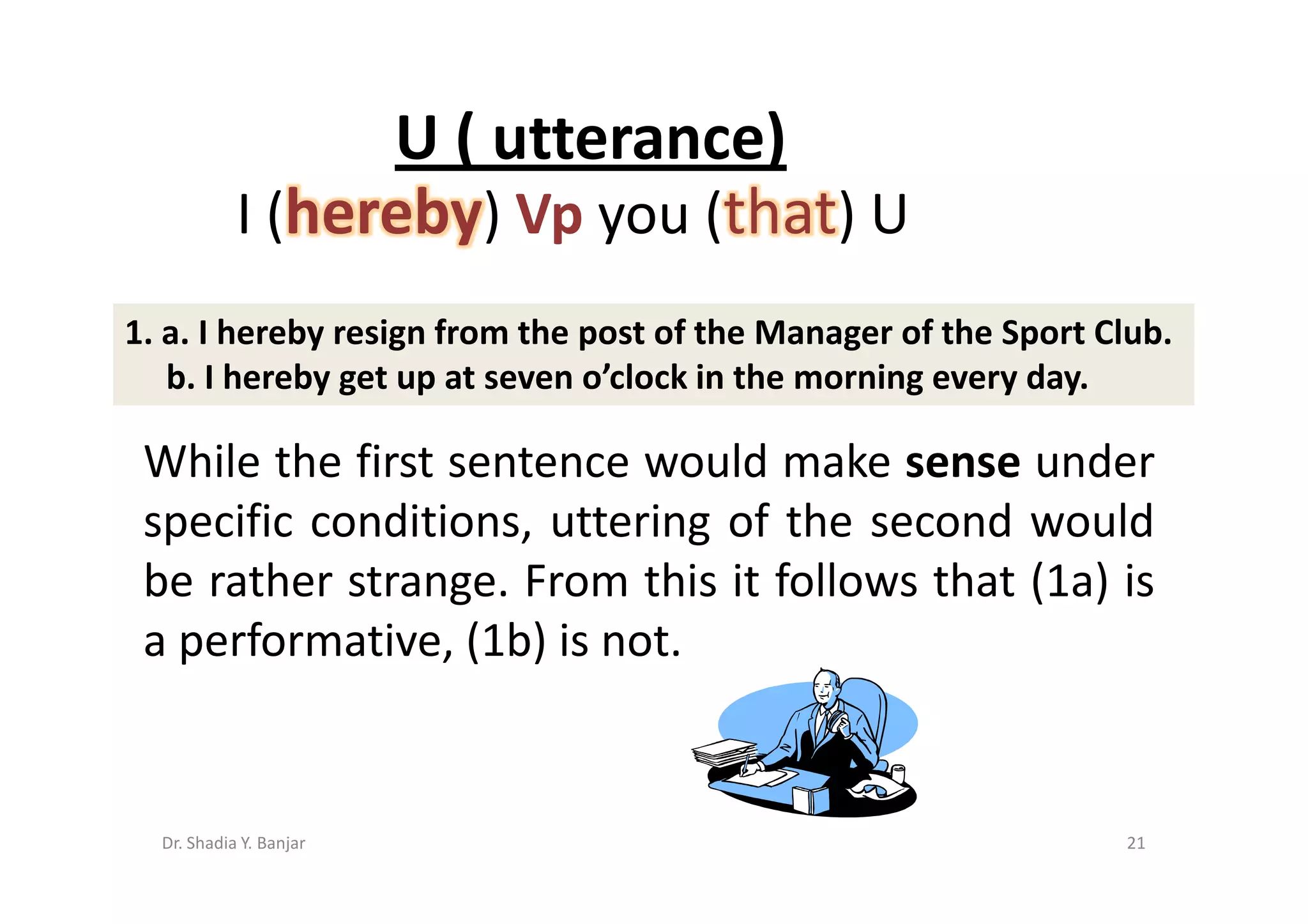 U ( utterance)
            I (hereby) Vp you (that) U
1. a. I hereby resign from the post of the Manager of the Sport Club.
   b. I hereby get up at seven o’clock in the morning every day.

 While the first sentence would make sense under
 specific conditions, uttering of the second would
 be rather strange. From this it follows that (1a) is
 a performative, (1b) is not.


  Dr. Shadia Y. Banjar                                           21
 