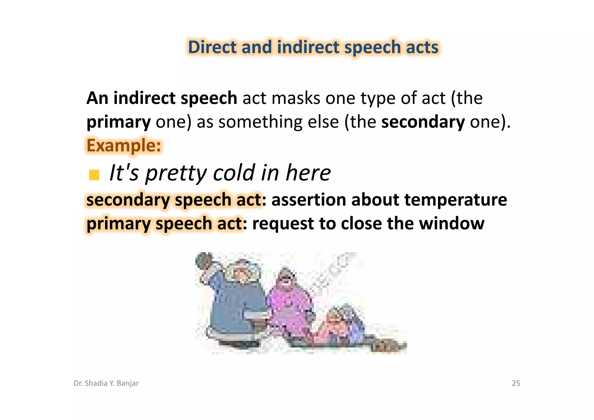 Direct and indirect speech acts

   An indirect speech act masks one type of act (the
   primary one) as something else (the secondary one).
   Example:
          It's pretty cold in here
   secondary speech act: assertion about temperature
   primary speech act: request to close the window




Dr. Shadia Y. Banjar                                     25
 
