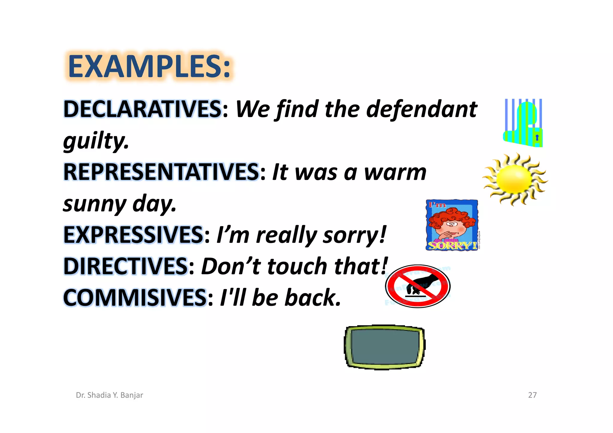 EXAMPLES:
DECLARATIVES: We find the defendant
guilty.
REPRESENTATIVES: It was a warm
sunny day.
EXPRESSIVES: I’m really sorry!
DIRECTIVES: Don’t touch that!
COMMISIVES: I'll be back.


 Dr. Shadia Y. Banjar                 27
 