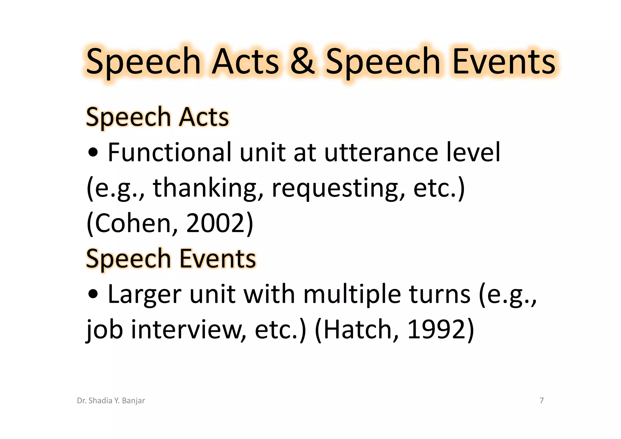 Speech Acts & Speech Events
  Speech Acts
  • Functional unit at utterance level
  (e.g., thanking, requesting, etc.)
  (Cohen, 2002)
  Speech Events
  • Larger unit with multiple turns (e.g.,
  job interview, etc.) (Hatch, 1992)

Dr. Shadia Y. Banjar                         7
 