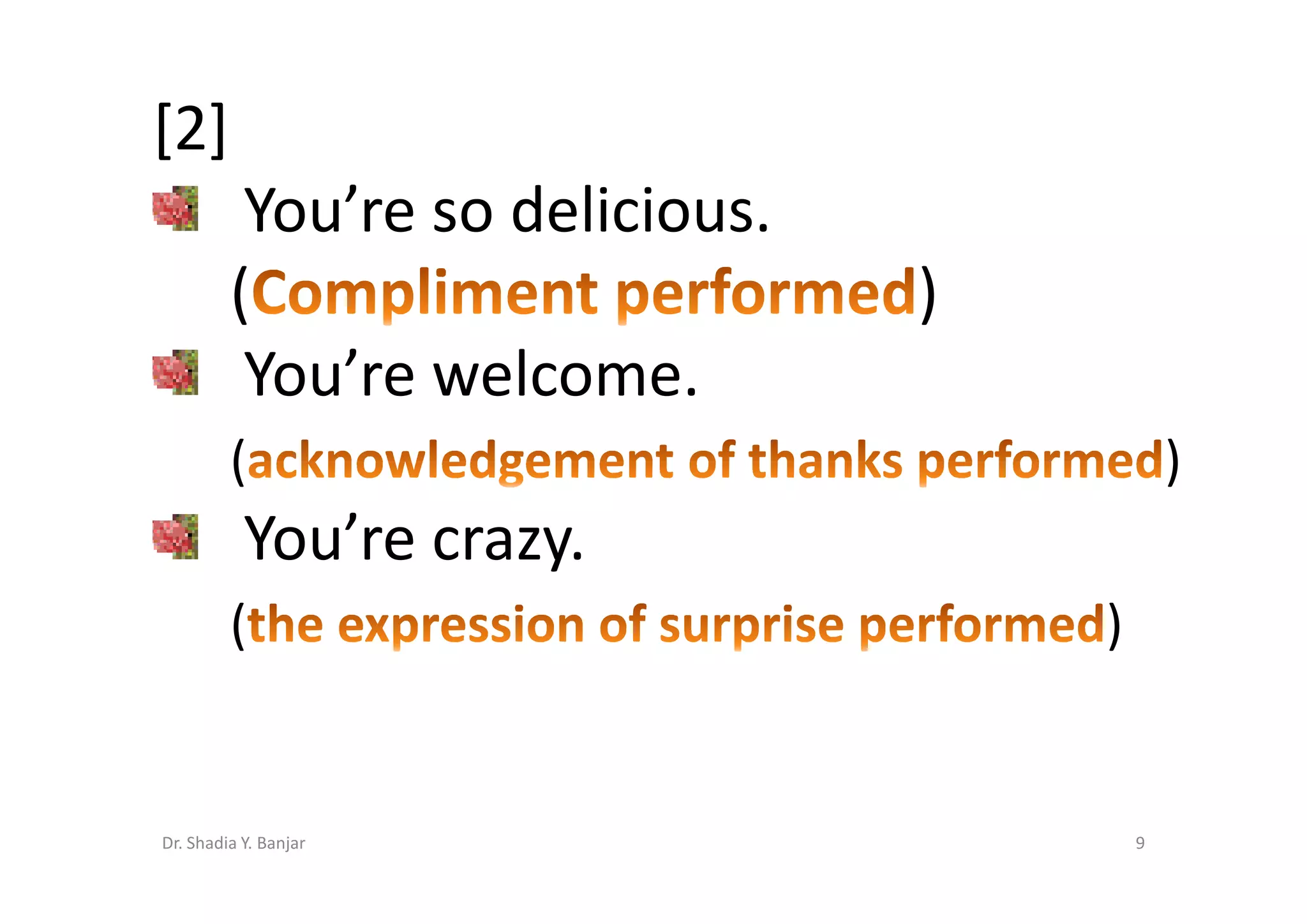 [2]
          You’re so delicious.
         (                       )
          You’re welcome.
         (                                   )
           You’re crazy.
         (                           )


Dr. Shadia Y. Banjar                     9
 