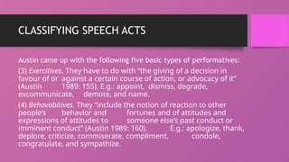 CLASSIFYING SPEECH ACTS
Austin came up with the following five basic types of performatives:
(3) Exercitives. They have to do with “the giving of a decision in
favour of or against a certain course of action, or advocacy of it”
(Austin 1989: 155). E.g.: appoint, dismiss, degrade,
excommunicate, demote, and name.
(4) Behavabitives. They “include the notion of reaction to other
people’s behavior and fortunes and of attitudes and
expressions of attitudes to someone else’s past conduct or
imminent conduct” (Austin 1989: 160). E.g.: apologize, thank,
deplore, criticize, commiserate, compliment, condole,
congratulate, and sympathize.
 