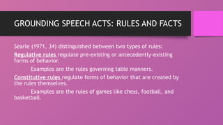 GROUNDING SPEECH ACTS: RULES AND FACTS
Searle (1971, 34) distinguished between two types of rules:
Regulative rules regulate pre-existing or antecedently-existing
forms of behavior.
Examples are the rules governing table manners.
Constitutive rules regulate forms of behavior that are created by
the rules themselves.
Examples are the rules of games like chess, football, and
basketball.
 