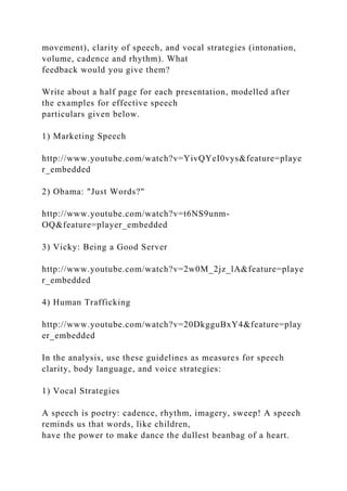 movement), clarity of speech, and vocal strategies (intonation,
volume, cadence and rhythm). What
feedback would you give them?
Write about a half page for each presentation, modelled after
the examples for effective speech
particulars given below.
1) Marketing Speech
http://www.youtube.com/watch?v=YivQYeI0vys&feature=playe
r_embedded
2) Obama: "Just Words?"
http://www.youtube.com/watch?v=t6NS9unm-
OQ&feature=player_embedded
3) Vicky: Being a Good Server
http://www.youtube.com/watch?v=2w0M_2jz_lA&feature=playe
r_embedded
4) Human Trafficking
http://www.youtube.com/watch?v=20DkgguBxY4&feature=play
er_embedded
In the analysis, use these guidelines as measures for speech
clarity, body language, and voice strategies:
1) Vocal Strategies
A speech is poetry: cadence, rhythm, imagery, sweep! A speech
reminds us that words, like children,
have the power to make dance the dullest beanbag of a heart.
 